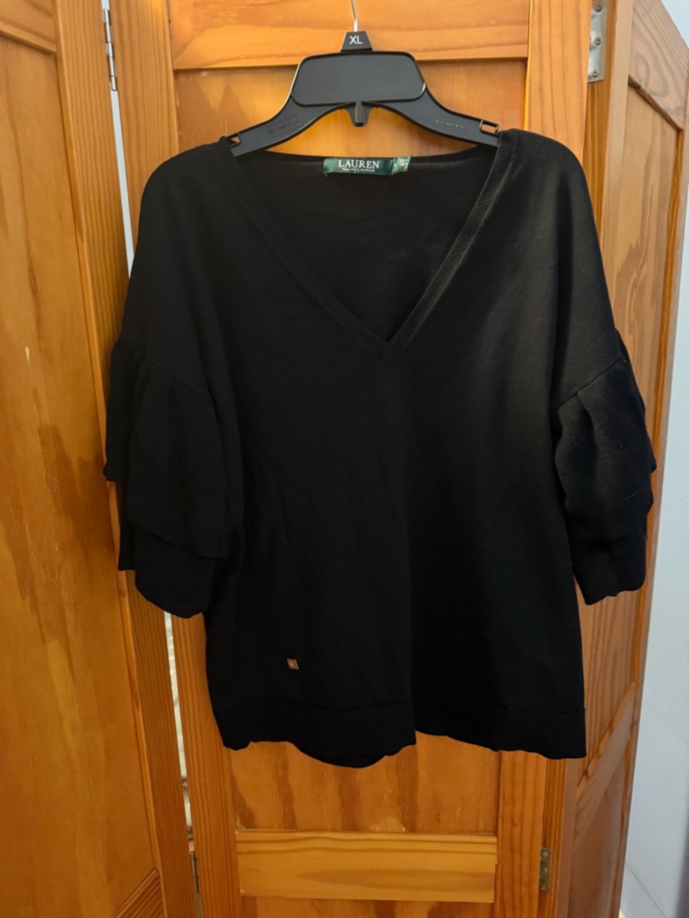 Ralph Lauren Black V-Neck Sweater with 3/4 Tiered Sleeves | Size L